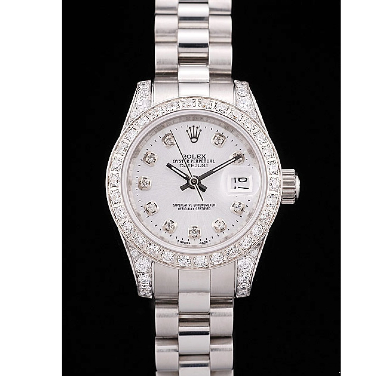 AAA replica watch Diamond Dial Case Steel White Plated Bezel Plated Rolex Diamond DateJust Brushed Stainless 0514